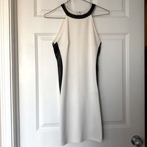 Off- why party dress w black faux leather detail.